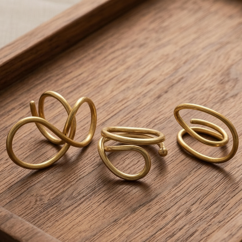Three gold-toned twisted ring earrings displayed on a dark wood tray over a neutral fabric background.