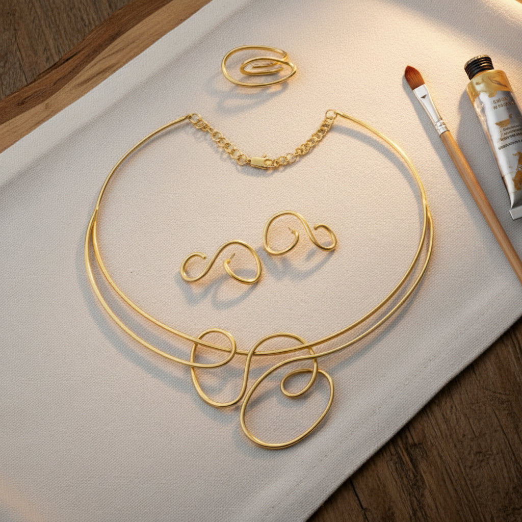 Gold necklace, earring and ring on a dark background