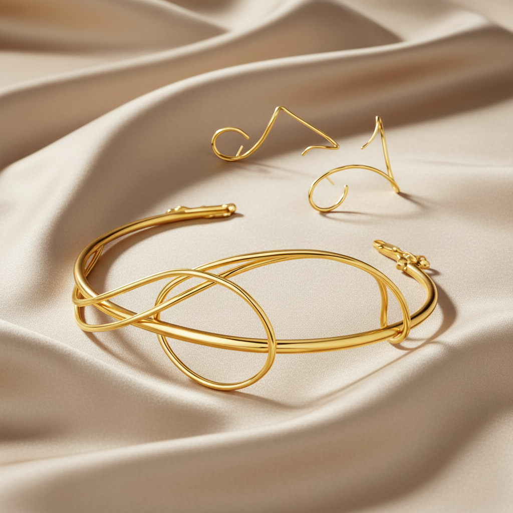Gold choker and earcuffs on a reflective black surface