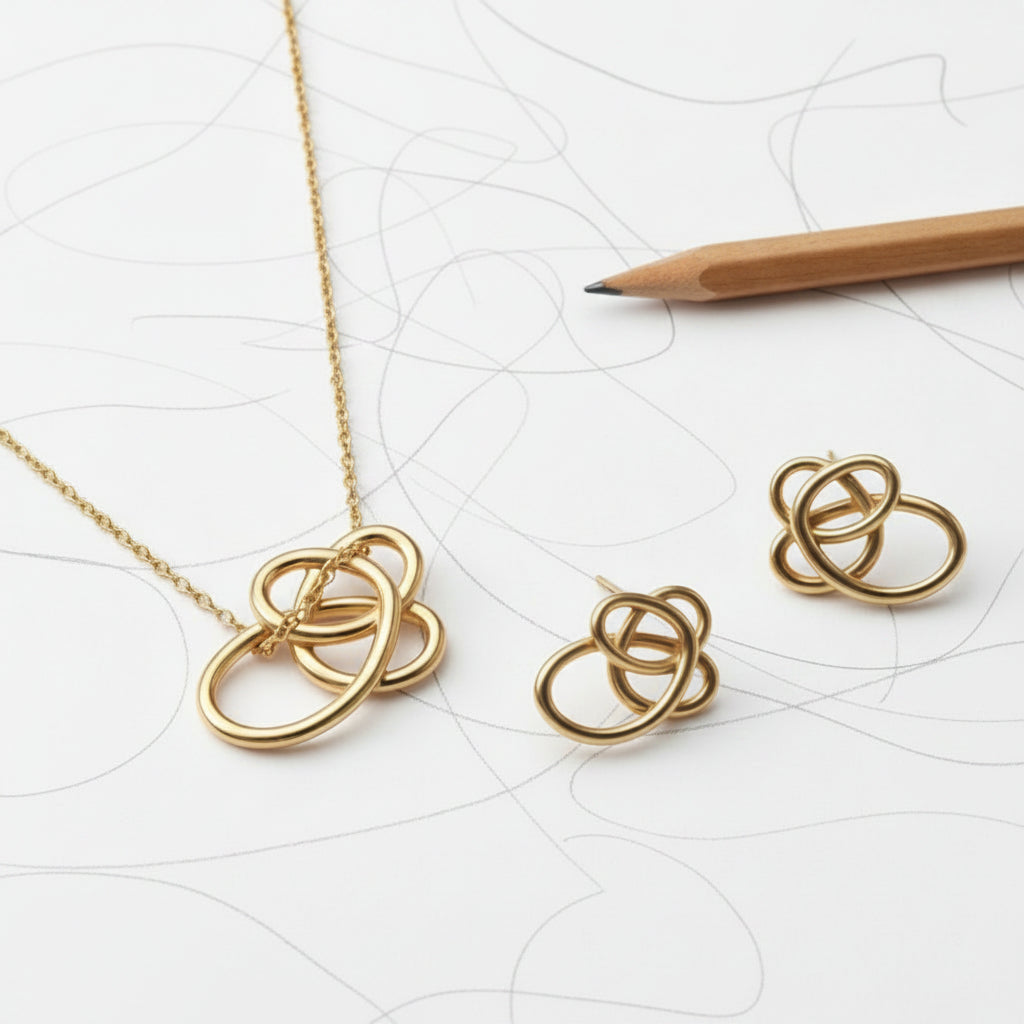 Gold necklace and earrings on a reflective brown surface