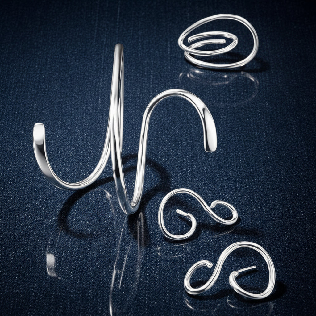 Silver jewellery  on a reflective brown surface
