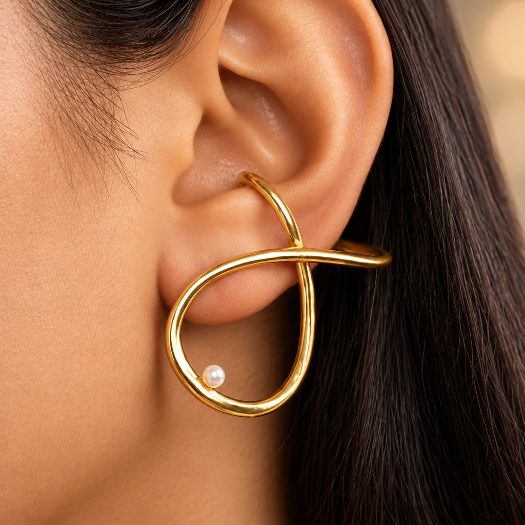 Gold ear cuff with a pearl on an ear against an orange background
